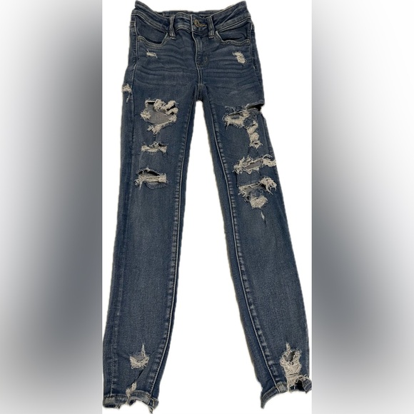 American Eagle Women's High Rise Jeggings Super Stretch Size 00 Distressed - Picture 1 of 12